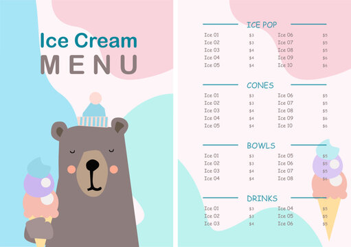 Ice Cream Nenu, Kids Menu.  Cute colorful kids meal menu vector template with colored funny pictures and place for your text