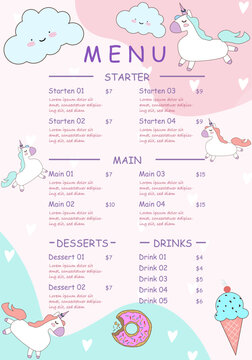 Cute colorful kids meal menu vector template with colored funny pictures and place for your text