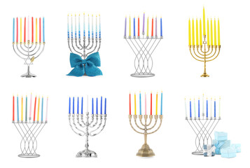 Hanukkah celebration. Menorahs and gift boxes isolated on white, set