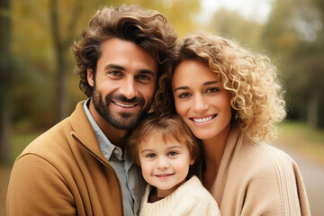 Fototapeta premium A warm family portrait featuring a smiling couple with their young child, exuding happiness