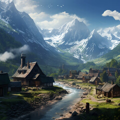 Obraz premium A tranquil village nestled at the foot of a majestic mountain range created with Generative Ai