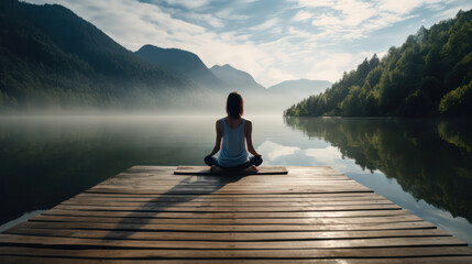 A woman meditation in lotus position on a wooden dock, in misty mountain lake at sunrise - obrazy, fototapety, plakaty