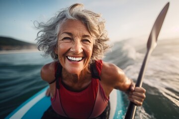 Portrait of a handsome mature woman windsurfing in the sea. With generative AI technology - obrazy, fototapety, plakaty