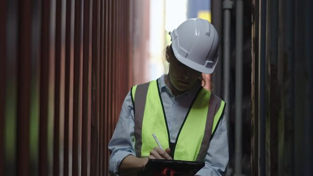 Caucasian Female Industrial Engineer in White Hard Hat, walk along the channel between the tank to inspect and check safety of product in workplace area, Working on Tablet Computer, Safety Supervisor