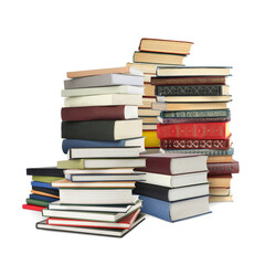 Stacks of different books isolated on white