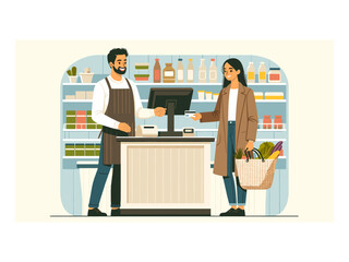 cashier assisting customer at supermarket checkout credit card store shopping