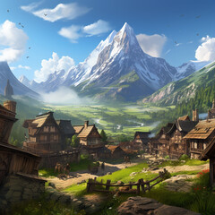 A tranquil village nestled at the foot of a majestic mountain range created with Generative Ai