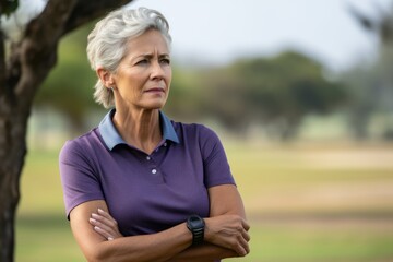 Portrait of an exhausted mature woman playing golf on a course. With generative AI technology
