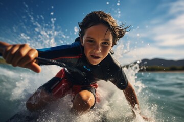 Portrait of a concentrated kid male doing water skiing in the sea. With generative AI technology - obrazy, fototapety, plakaty