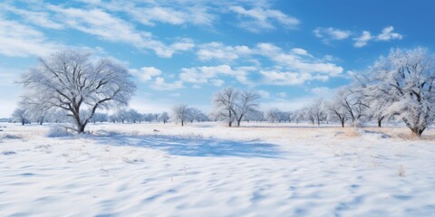 Winter landscape concept. Snow covered bare trees and ground. 