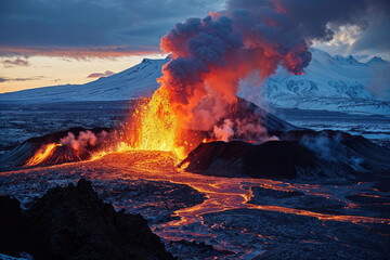 Majestic Icelandic volcanic eruption at twilight. Generative AI image