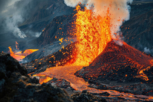 Majestic eruption of a volcano in Iceland. Generative AI image