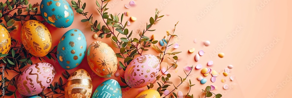 Wall mural Banner for celebration of Easter holiday. Colorful Easter eggs onf festive background with copy space for text