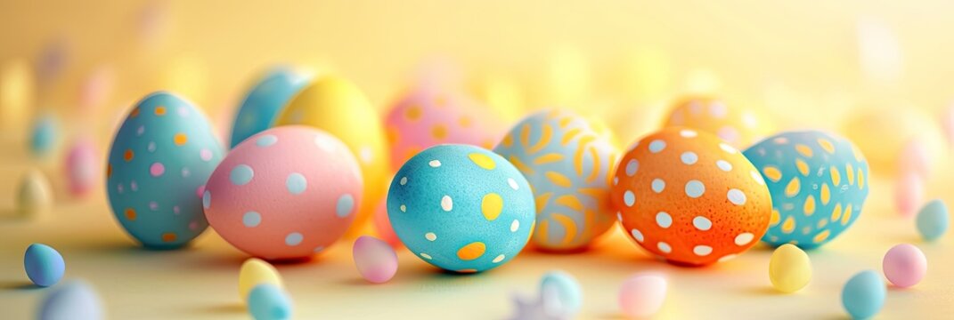 Banner for celebration of Easter holiday. Colorful Easter eggs onf festive background with copy space for text