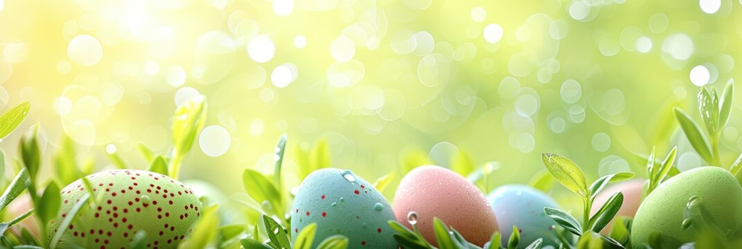 Banner for celebration of Easter holiday. Colorful Easter eggs onf festive background with copy space for text
