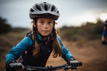 Portrait of a determined kid female practicing mountain biking. With generative AI technology