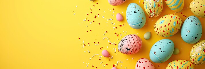 Fototapeta na wymiar Banner for celebration of Easter holiday. Colorful Easter eggs onf festive background with copy space for text
