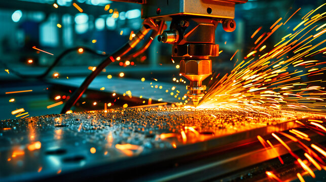 Industrial Craftsmanship: Laser Cutting Metal in a Factory, Showcasing Engineering and Production Skills