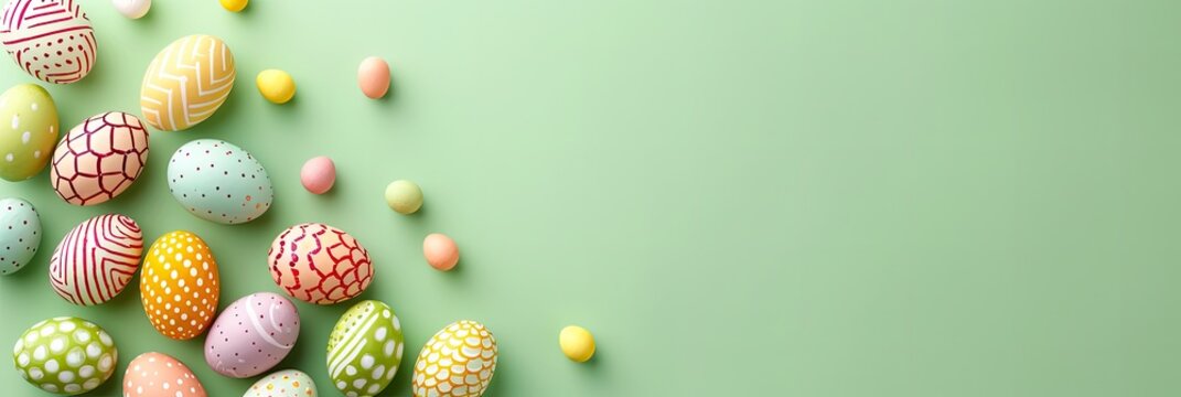 Banner for celebration of Easter holiday. Colorful Easter eggs onf festive background with copy space for text