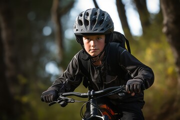 Naklejka premium Portrait of a serious boy in his 30s practicing mountain biking. With generative AI technology