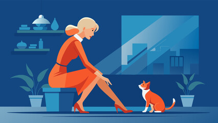 Elegant woman in red dress petting cat in modern home interior vector illustration