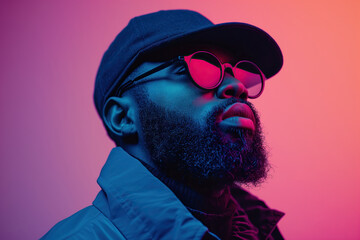 Stylish bearded man with neon pink backdrop. Generative AI image