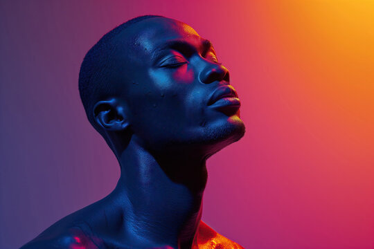 Serene male portrait in vibrant neon lights. Generative AI image