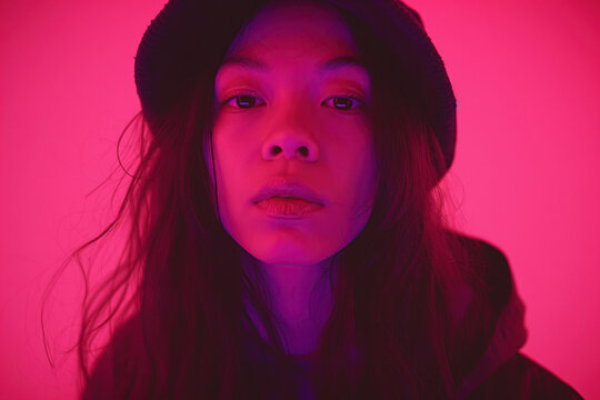Asian woman portrait in red neon glow. Generative AI image