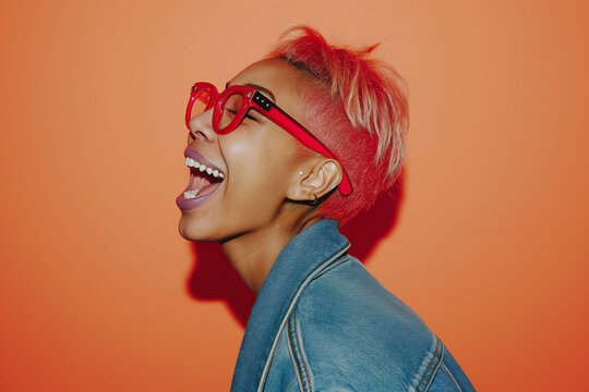 Joyful asian woman with vibrant red hairstyle and glasses. Generative AI image