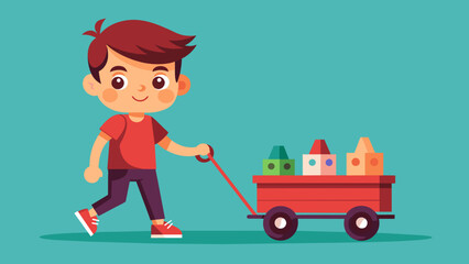 Obraz premium Smiling boy pulling red wagon with colorful blocks cartoon vector illustration