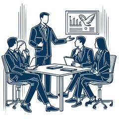 Fototapeta premium A captivating business concept illustration featuring professionals engaged in a meeting, surrounded by a laptop and a clock, emphasizing the significance of time in the corporate world.