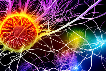 Illustration of a realistic close-up of the human brain showing firing neurons and nerve extensions, cells in a vein, concept of National Doctors Day