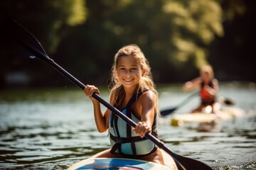 Portrait of a concentrated kid female doing paddle surfing in a lake. With generative AI technology - obrazy, fototapety, plakaty