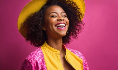 Happy optimistic African American woman in colorful pink and yellow clothes - obrazy, fototapety, plakaty