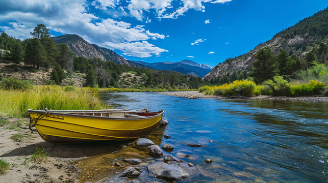 A boat on a river in the mountains