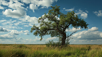 A tree on a green field with lots of grass