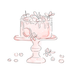 Doodle style illustration, wedding cake, birthday cake, princess cake, pink cake. cake with ribbon
