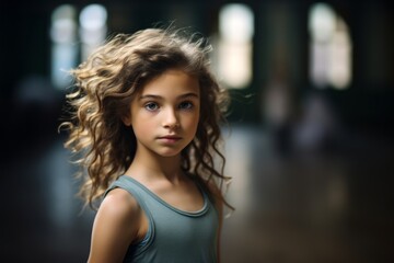 Obraz premium Portrait of a focused kid female practicing ballet in a studio. With generative AI technology