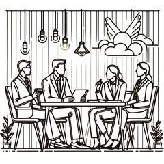 A meeting room filled with business people, icons, and a clock. This illustration captures the essence of business concepts and discussions.