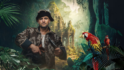 Male Pirate with Parrots in Ruins