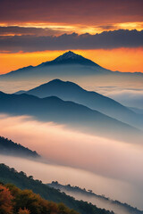 Mountain cloud and foggy at morning time with orange sky, sunrise beautiful landscape