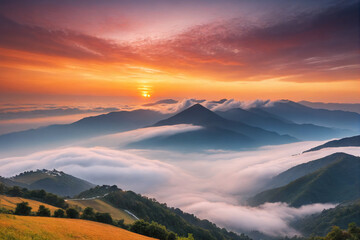 Obraz premium Mountain cloud and foggy at morning time with orange sky, sunrise beautiful landscape
