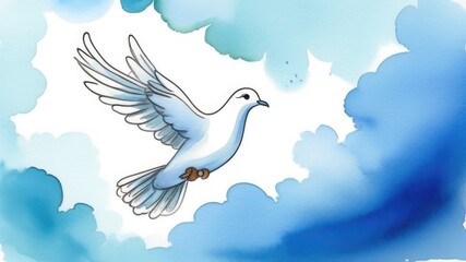 Drawing of a soaring white dove in the clouds, a symbol of the world of goodness and hope, a greeting card with space for text, watercolor