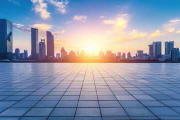 Empty square floor and city skyline with modern buildings scenery with sunset