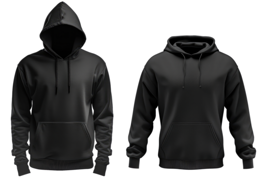 Blank black male hoodie sweatshirt long sleeve, mens hoody with hood for your design mockup for print, isolated on white or transparent background, PNG
