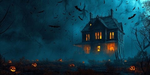 Haunted house with bat and spiders Halloween Generative AI