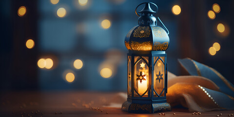 The muslim feast of the holy month of beautiful ,,Side view of ramadan lantern with side empty space with fuzzy bright lights in the background

