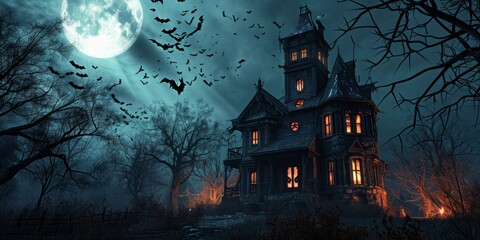 Fototapeta na wymiar Haunted house with bat and spiders Halloween Generative AI