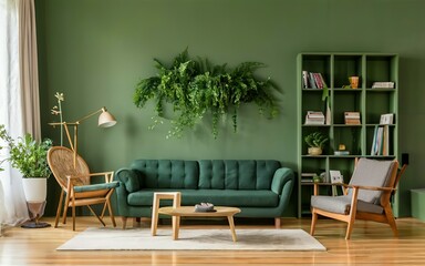 Modern living room. Scandinavian home interior design of modern living room with Green sofa and chair against green wall with book shelf