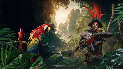 Conquistador with Parrots in Jungle